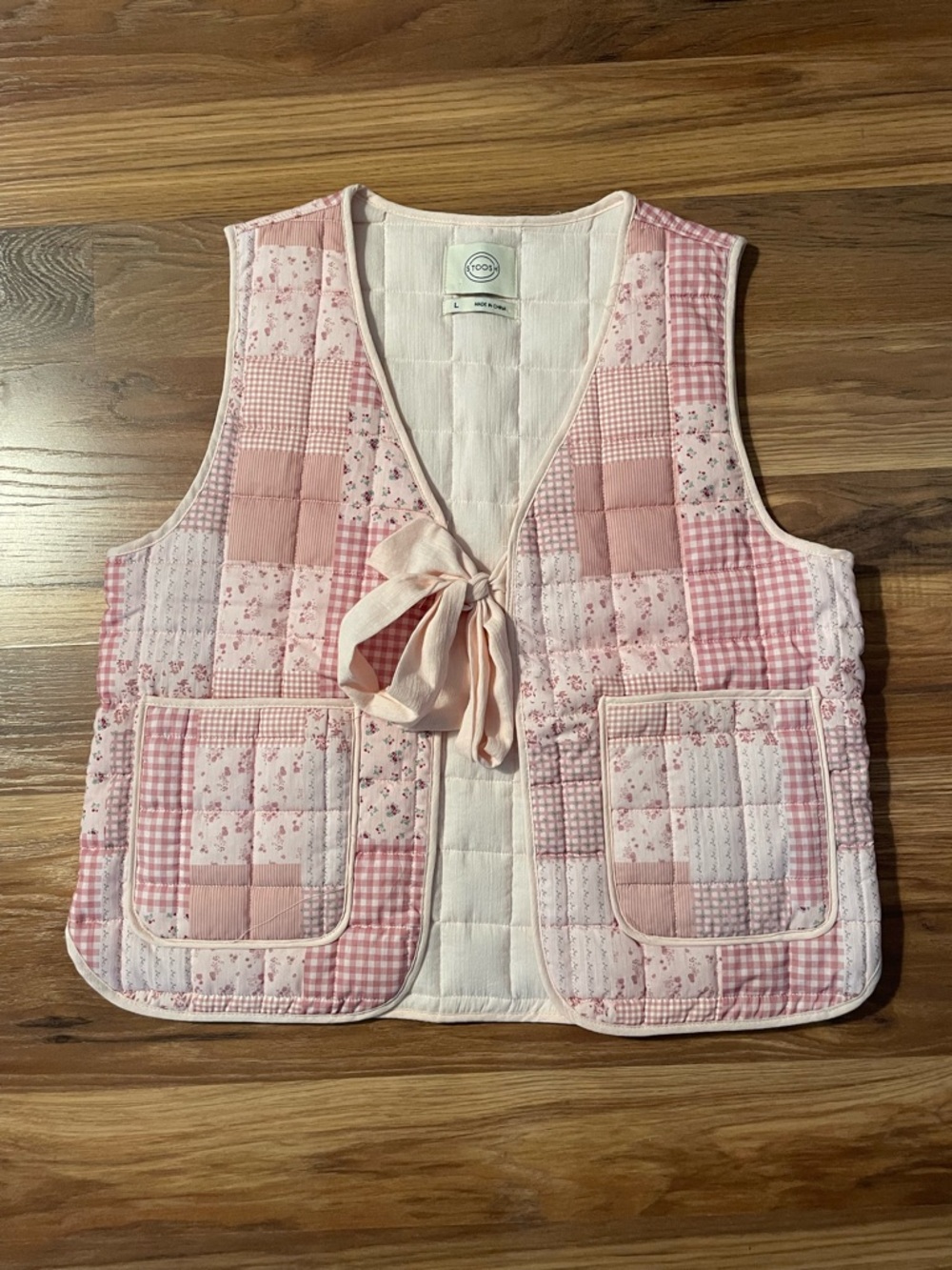 Pink Patchwork Quilted Tie-Front Vest | 100% Cotton Cottagecore Boho Size L